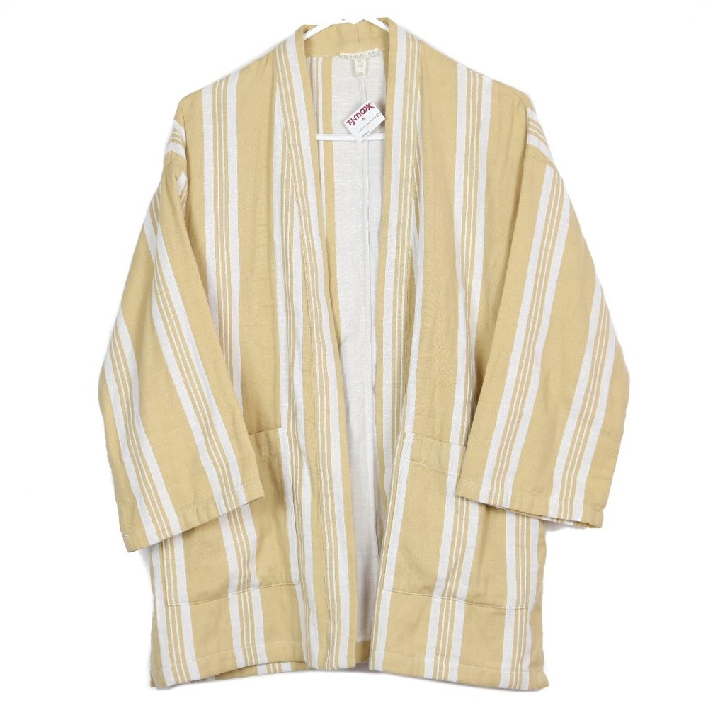Eileen Fisher Stripe Organic Cotton Yellow White Cardigan Duster Long Petite
